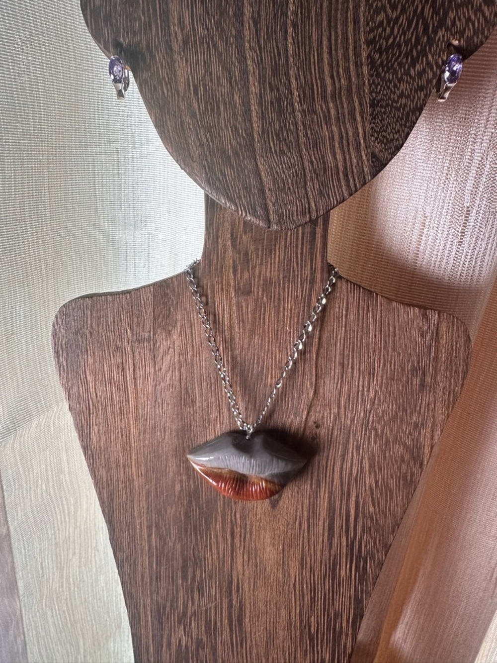 Alashan Agate Lips Pendant Necklace on Sterling Silver Bail and Stainless Steel - Picture 8 of 11